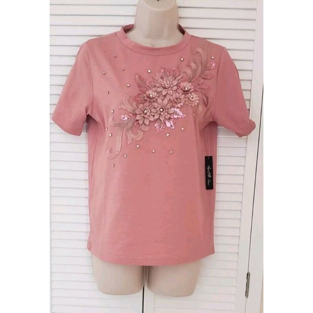 NWT TWELFTH LOVE 3D FLOWER BEADED SEQUINED APPLIQUE PINK TOP SMALL
